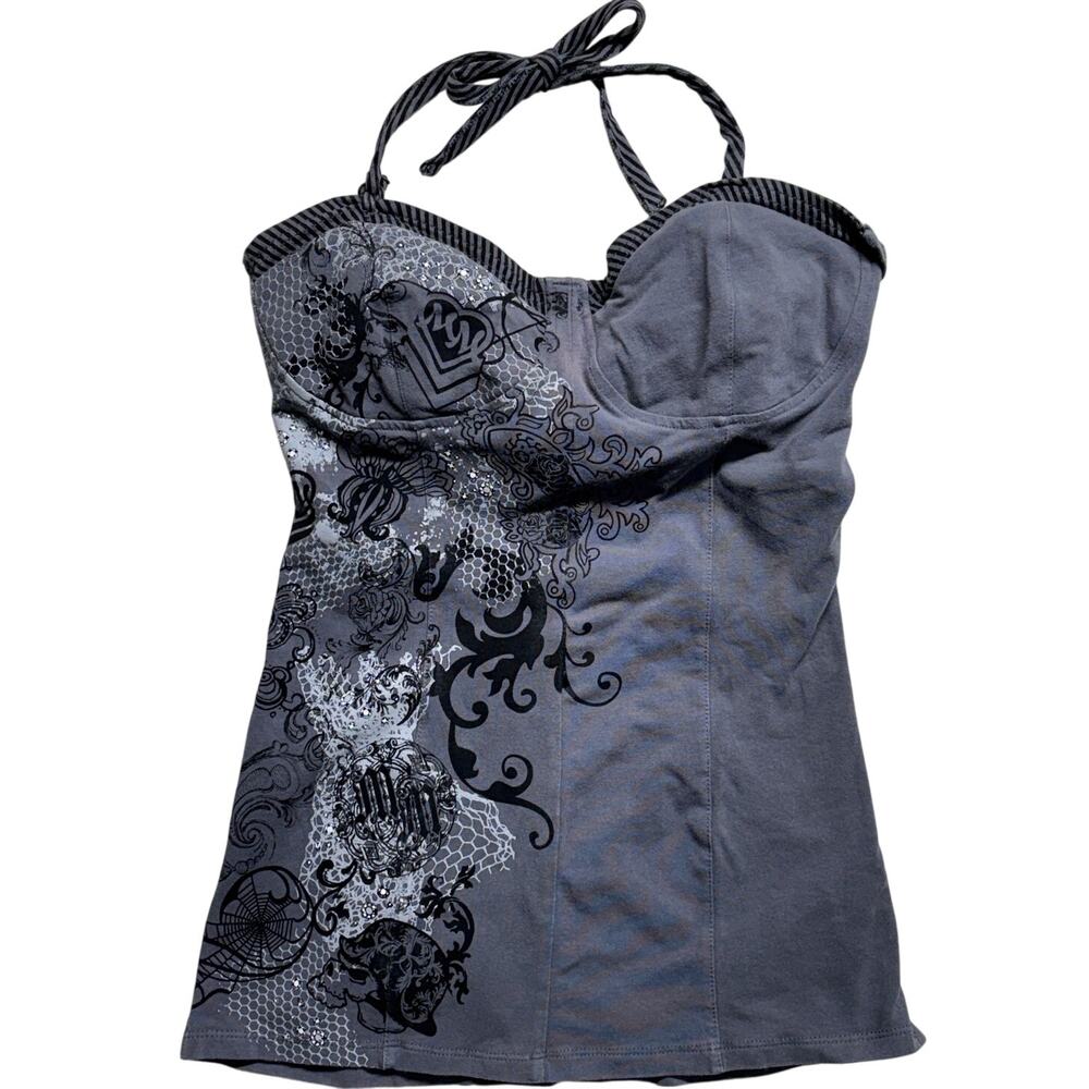Vintage Metal Mulisha Tank Halter Top Large Gray Skull Roses Goth Punk Y2K 2000s